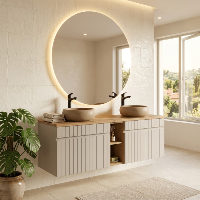 Insieme ICON: mobile sotto lavabo 140cm con nicchie visibili + 2 lavabi da appoggio rotondi marrone cappuccino