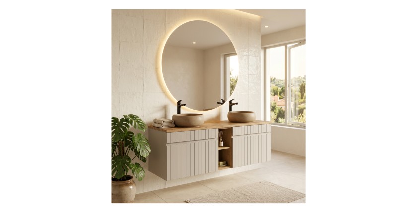 ICON Set: Waschtischunterschrank 140cm mit sichtbaren Nischen + 2 runde Aufsatzwaschbecken in Braun Cappuccino