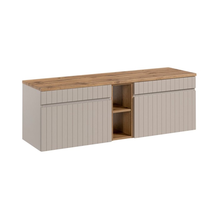 Insieme ICON: mobile sottolavabo 140cm cachemire con nicchie visibili effetto legno + piano per lavabo effetto legno