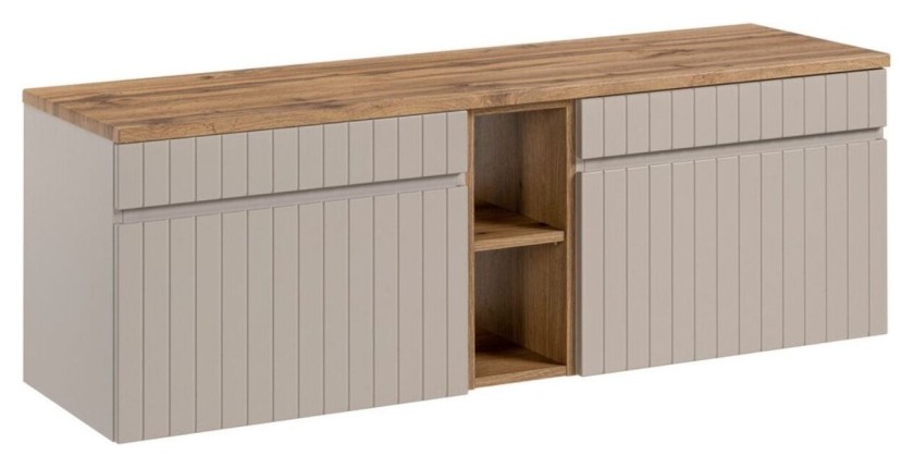 ICON Set: Waschtischunterschrank 140cm Kaschmir mit sichtbaren Nischen in Holzoptik + Waschtischplatte in Holzoptik