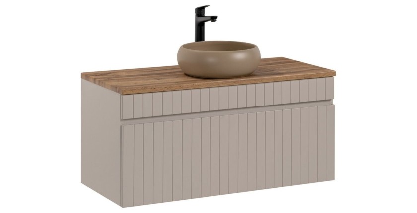 ICON Set: Waschtischunterschrank 100cm Kaschmir + Arbeitsplatte in Holzoptik + Aufsatzwaschbecken rund