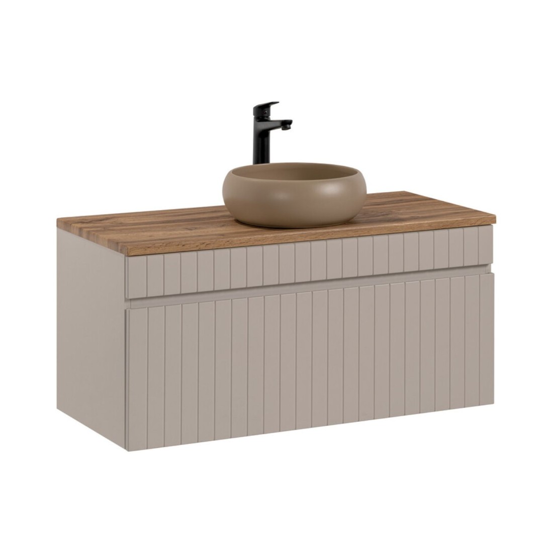 ICON Set: Waschtischunterschrank 100cm Kaschmir + Arbeitsplatte in Holzoptik + Aufsatzwaschbecken rund