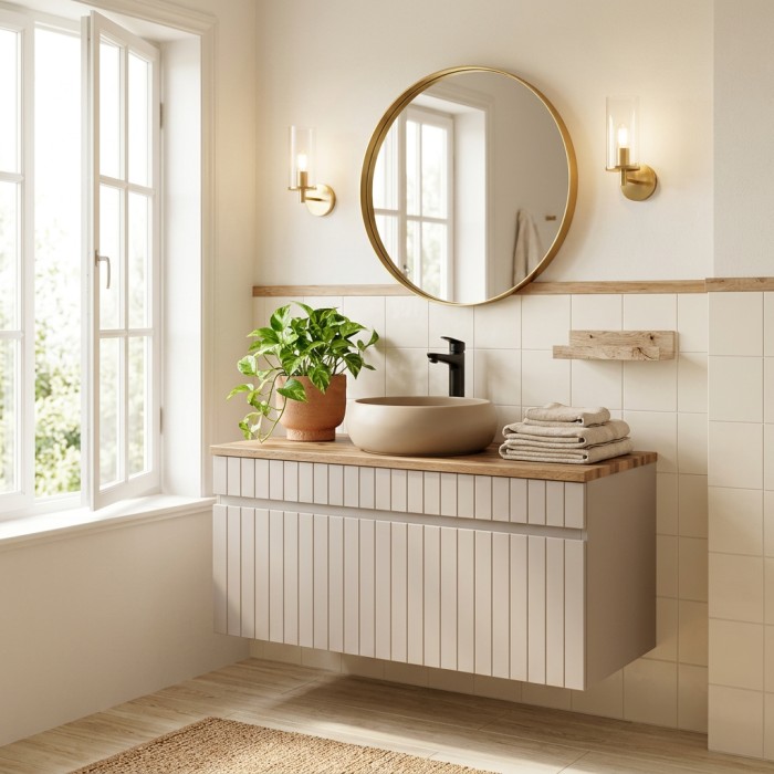 Ensemble ICON cachemire : meuble sous vasque 100cm, plan pour vasque aspect bois foncé mis en situation