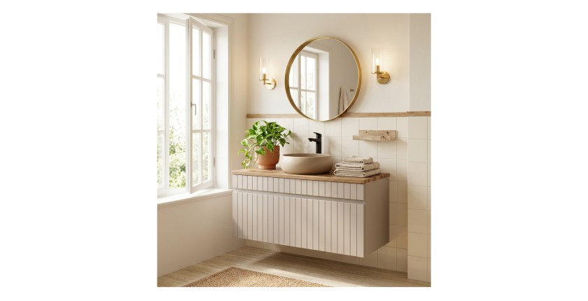 Badezimmer-Set ICON: Waschbeckenunterschrank 100cm Kaschmir + Arbeitsplatte in Holzoptik für Waschbecken