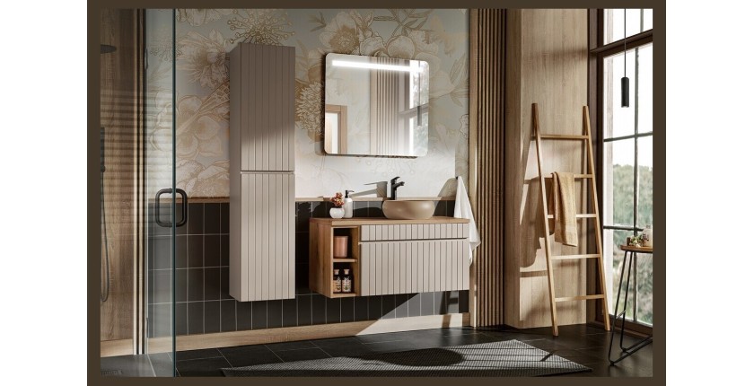 ICON Set: Waschtischunterschrank 100cm mit sichtbaren Nischen + Aufsatzrunde Waschbecken + LED-Spiegel + Hochschrank