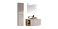 ICON Set: Waschtischunterschrank 100cm mit sichtbaren Nischen + Aufsatzrunde Waschbecken + LED-Spiegel + Hochschrank