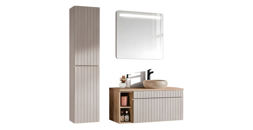 ICON Set: Waschtischunterschrank 100cm mit sichtbaren Nischen + Aufsatzrunde Waschbecken + LED-Spiegel + Hochschrank