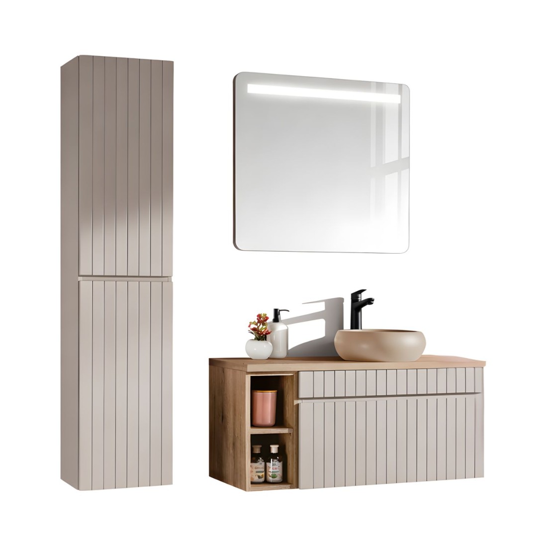 ICON Set: Waschtischunterschrank 100cm mit sichtbaren Nischen + Aufsatzrunde Waschbecken + LED-Spiegel + Hochschrank