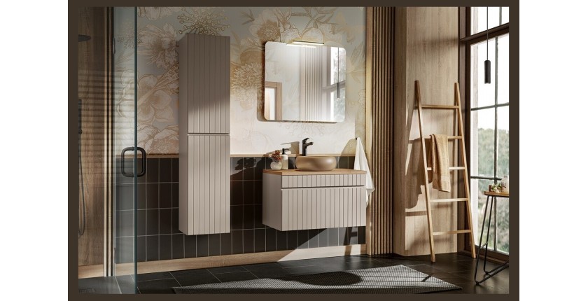 Conjunto ICON: mueble bajo lavabo 80cm + encimera para lavabo + lavabo redondo sobre encimera + espejo + lámpara LED + columna