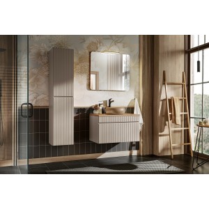 Ensemble ICON cachemire : meuble sous vasque 80cm, vasque à poser ronde, miroir, LED, colonne mis en situation