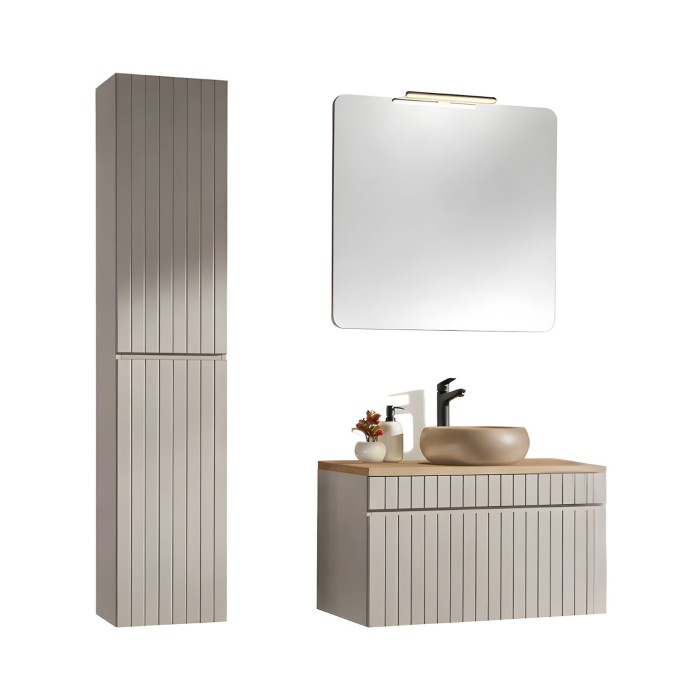 Set ICON: mobile sotto lavabo 80cm + piano per lavabo + lavabo rotondo da appoggio + specchio + lampada LED + colonna