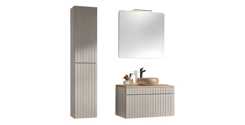 Conjunto ICON: mueble bajo lavabo 80cm + encimera para lavabo + lavabo redondo sobre encimera + espejo + lámpara LED + columna