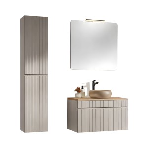 Ensemble ICON cachemire : meuble sous vasque 80cm, vasque à poser ronde, miroir, LED, colonne
