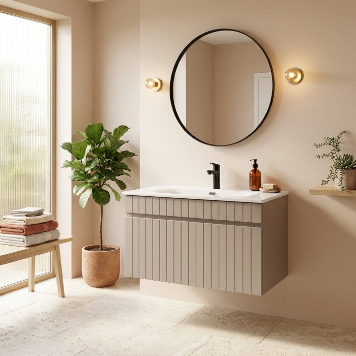 Badezimmer-Set ICON: Waschbeckenunterschrank 80cm Kaschmir + weißes Einbauwaschbecken