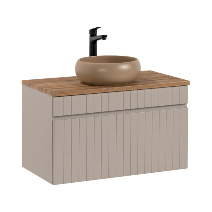 Badezimmer-Set ICON: Waschtischunterschrank 80 cm Kaschmir + Platte für Waschbecken + Aufsatzwaschbecken rund