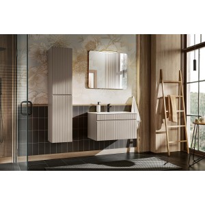 Ensemble ICON cachemire : meuble sous vasque 80cm, miroir, lampe LED et colonne mis en situation