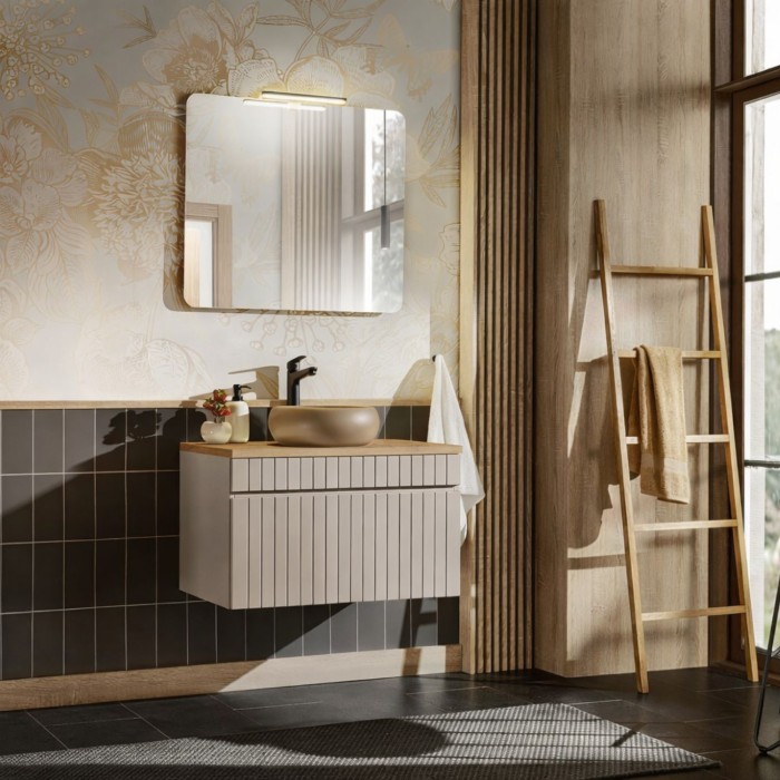 Badezimmer-Set ICON: Waschtischunterschrank 80cm Kaschmir + Waschtischplatte in Holzoptik