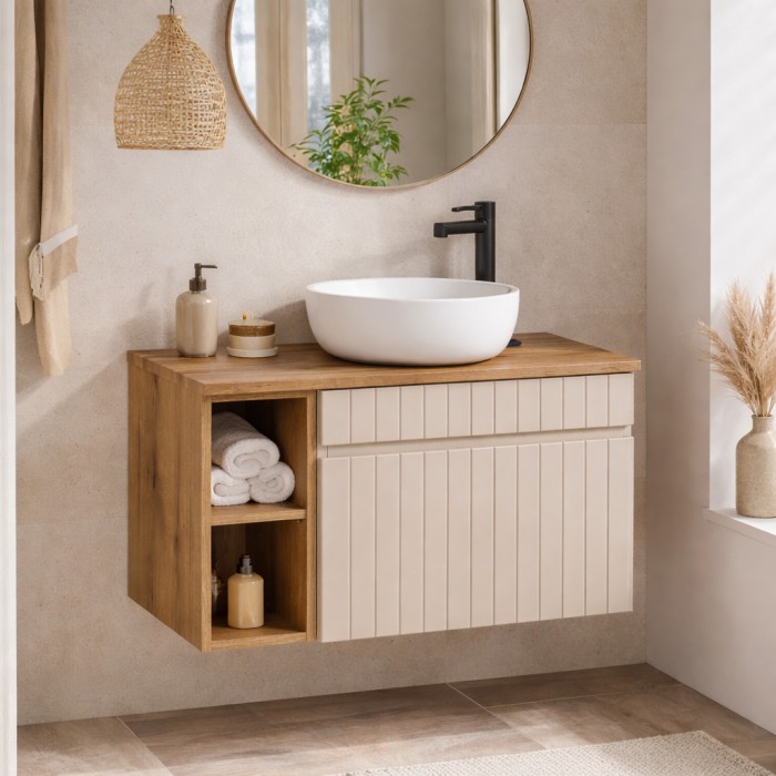 Badezimmer-Set ICON: Waschtischunterschrank 60cm in Kaschmir mit sichtbaren Nischen + Waschtischplatte in Holzoptik