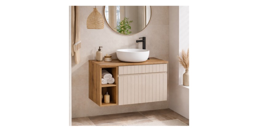 Badezimmer-Set ICON: Waschtischunterschrank 60cm in Kaschmir mit sichtbaren Nischen + Waschtischplatte in Holzoptik