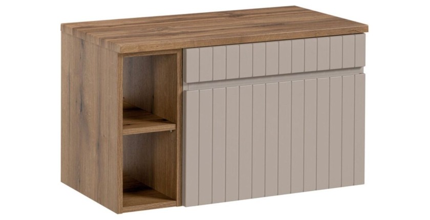 Badezimmer-Set ICON: Waschtischunterschrank 60cm in Kaschmir mit sichtbaren Nischen + Waschtischplatte in Holzoptik