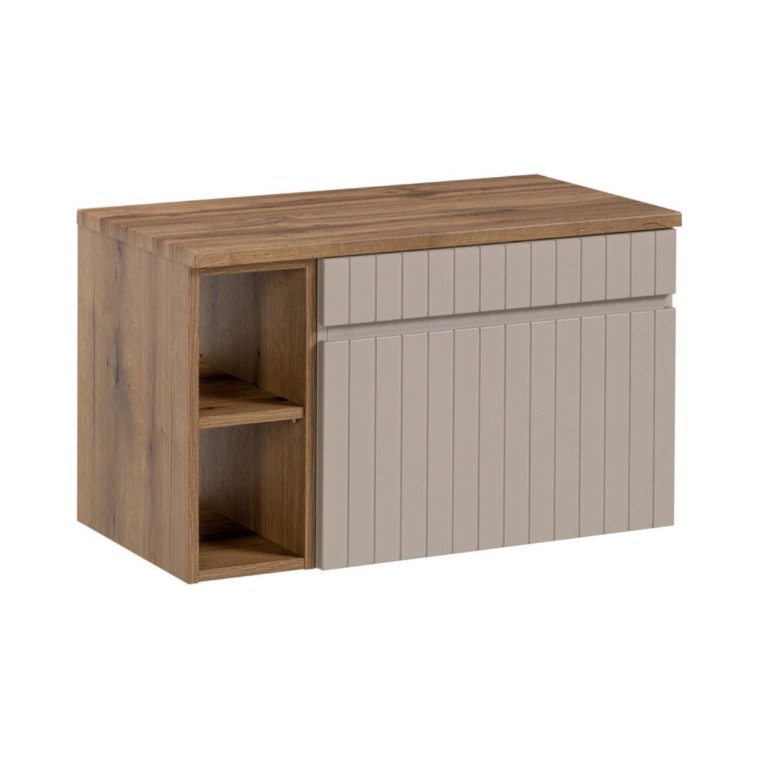 Badezimmer-Set ICON: Waschtischunterschrank 60cm in Kaschmir mit sichtbaren Nischen + Waschtischplatte in Holzoptik