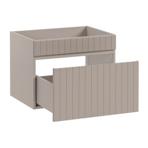 Insieme ICON: mobile sotto lavabo 60cm cachemire con nicchie visibili + piano per lavabo effetto legno + lavabo da appoggio roto