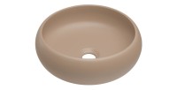 Insieme ICON: mobile sotto lavabo 60cm cachemire con nicchie visibili + piano per lavabo effetto legno + lavabo da appoggio roto