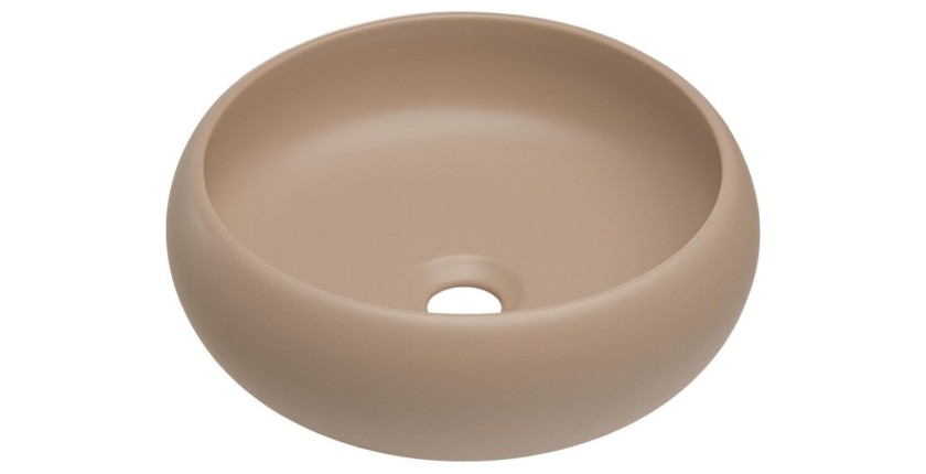 Insieme ICON: mobile sotto lavabo 60cm cachemire con nicchie visibili + piano per lavabo effetto legno + lavabo da appoggio roto