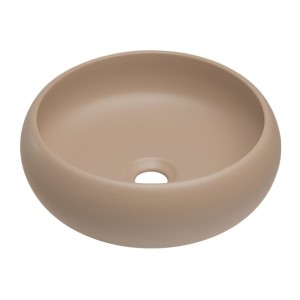 Insieme ICON: mobile sotto lavabo 60cm cachemire con nicchie visibili + piano per lavabo effetto legno + lavabo da appoggio roto