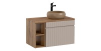 Insieme ICON: mobile sotto lavabo 60cm cachemire con nicchie visibili + piano per lavabo effetto legno + lavabo da appoggio roto