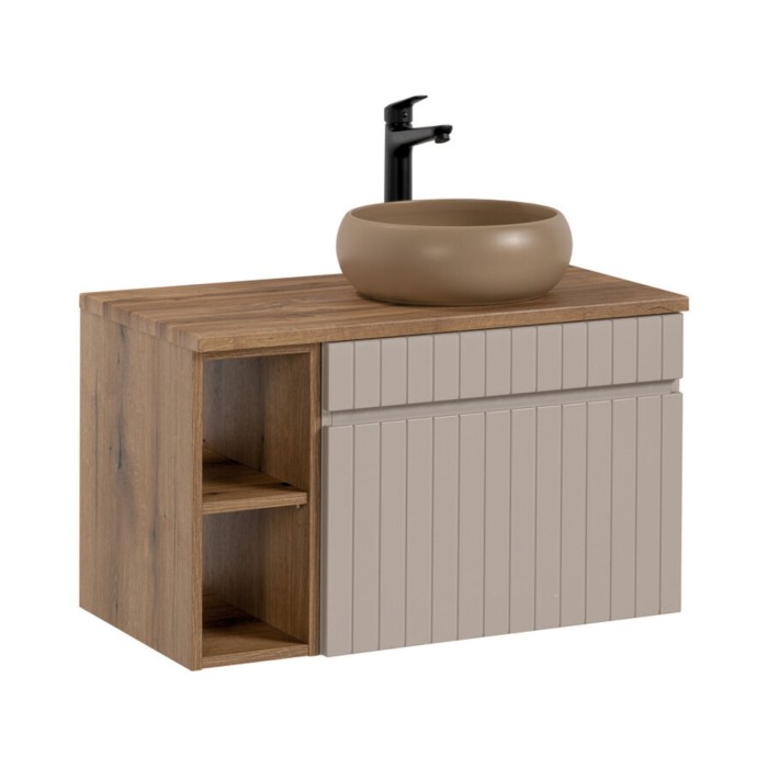 Insieme ICON: mobile sotto lavabo 60cm cachemire con nicchie visibili + piano per lavabo effetto legno + lavabo da appoggio roto