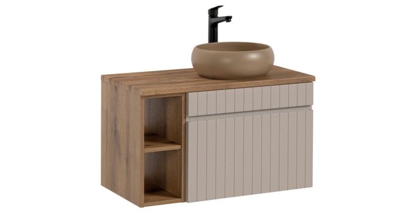 Insieme ICON: mobile sotto lavabo 60cm cachemire con nicchie visibili + piano per lavabo effetto legno + lavabo da appoggio roto
