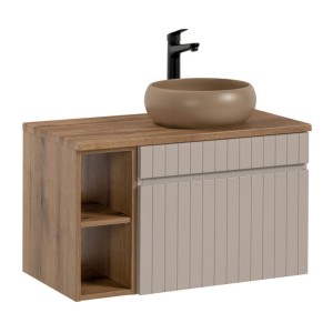 Ensemble ICON cachemire : meuble sous vasque 60cm, niches visibles, plan pour vasque et vasque à poser ronde