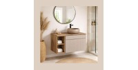 Insieme ICON: mobile sotto lavabo 60cm cachemire con nicchie visibili + piano per lavabo effetto legno + lavabo da appoggio roto