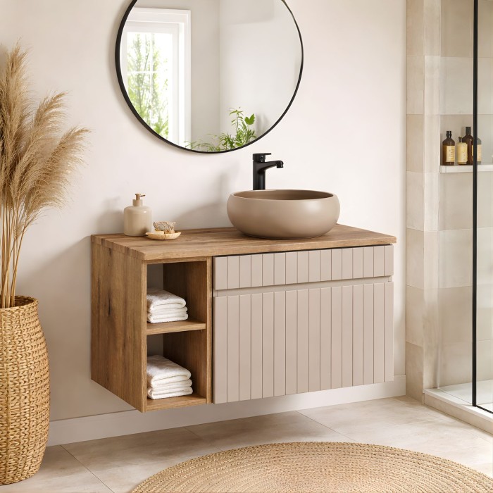 Insieme ICON: mobile sotto lavabo 60cm cachemire con nicchie visibili + piano per lavabo effetto legno + lavabo da appoggio roto