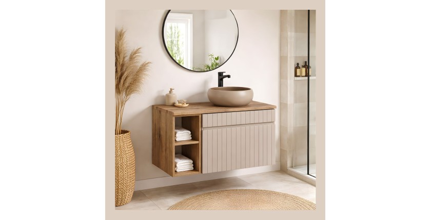 Insieme ICON: mobile sotto lavabo 60cm cachemire con nicchie visibili + piano per lavabo effetto legno + lavabo da appoggio roto