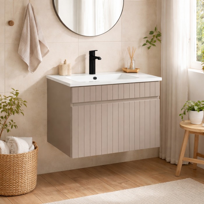 Badezimmer-Set ICON: Waschbeckenunterschrank 60cm Kaschmir + eingelassenes weißes Waschbecken
