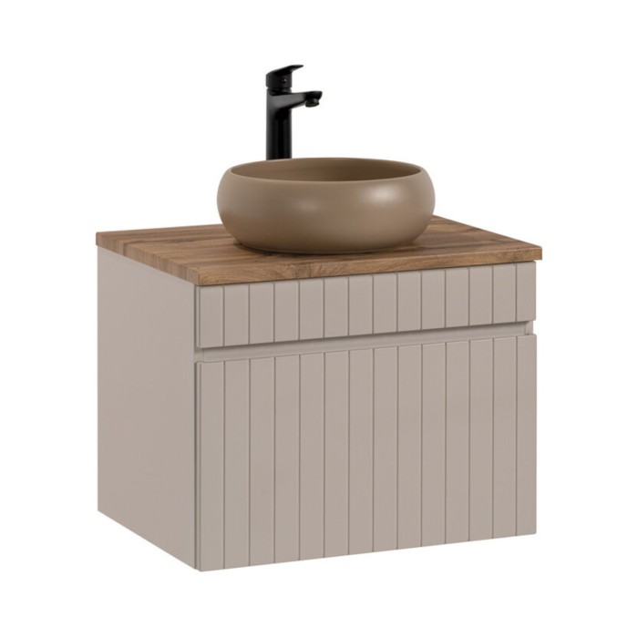 Conjunto ICON: mueble bajo lavabo 60cm cachemire + encimera de aspecto madera para lavabo + lavabo sobre encimera redondo