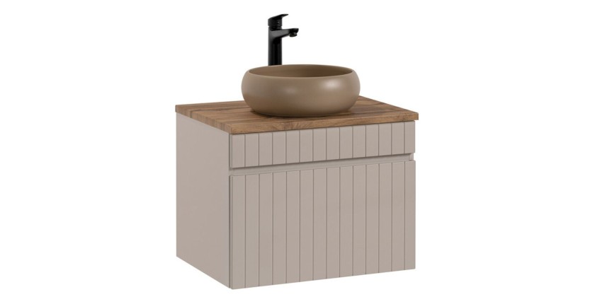 Set ICON: mobile sottolavabo 60cm cachemire + piano per lavabo effetto legno + lavabo da appoggio rotondo