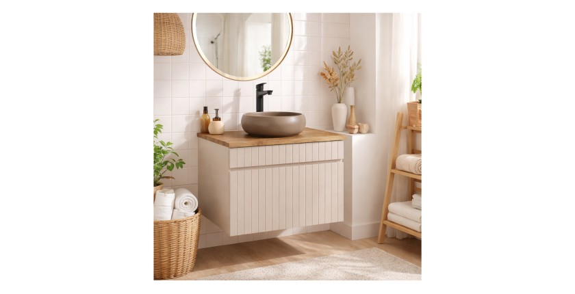 Set ICON: mobile sottolavabo 60cm cachemire + piano per lavabo effetto legno + lavabo da appoggio rotondo
