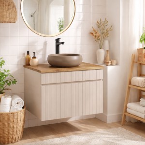 Ensemble ICON cachemire : meuble sous vasque 60cm et plan pour vasque aspect bois foncé mis en situation