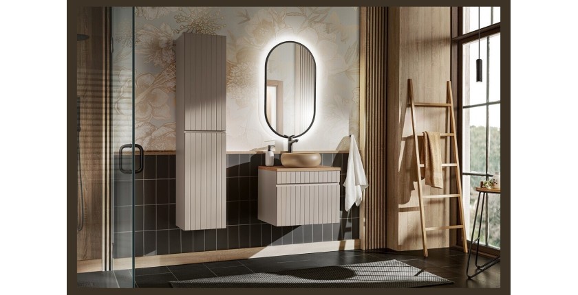 Conjunto ICON: mueble bajo lavabo de 60cm + encimera para lavabo + lavabo sobre encimera redondo + columna + espejo vertical LED