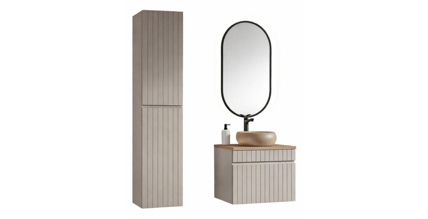 Conjunto ICON: mueble bajo lavabo de 60cm + encimera para lavabo + lavabo sobre encimera redondo + columna + espejo vertical LED