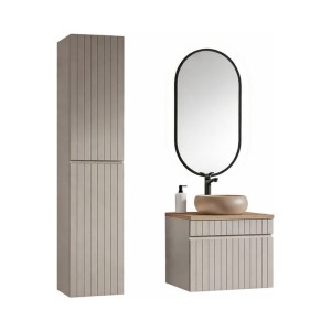 Ensemble ICON cachemire : meuble sous vasque 60cm, plan pour vasque, vasque à poser, miroir LED et colonne