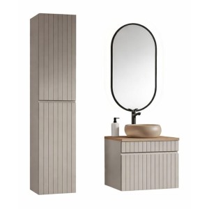 Ensemble ICON cachemire : meuble sous vasque 60cm, plan pour vasque, vasque à poser, miroir LED et colonne