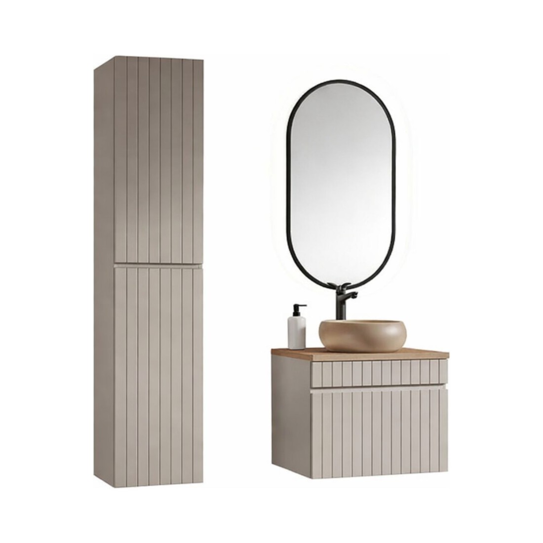 Conjunto ICON: mueble bajo lavabo de 60cm + encimera para lavabo + lavabo sobre encimera redondo + columna + espejo vertical LED