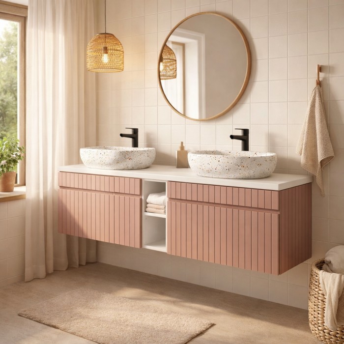 Conjunto ICON: muebles bajo lavabo de 180cm con nichos visibles + encimera para lavabo + dos lavabos sobre encimera moteados
