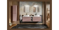 Ensemble ICON : meubles sous vasque 180cm avec niches visibles + deux vasques à poser + miroirs + lampes LED + colonne