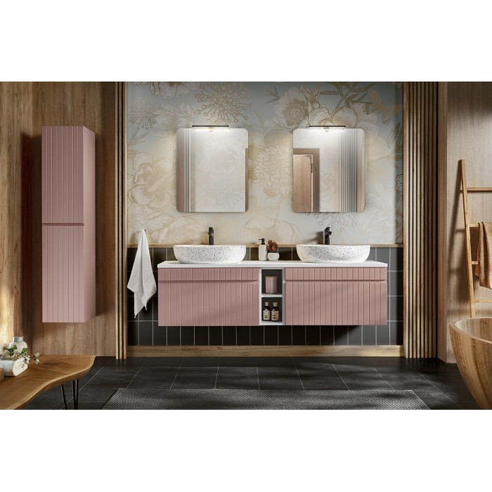 Insieme ICON: mobili sotto lavabo 180cm con nicchie visibili + due lavabi da appoggio + specchi + lampade LED + colonna