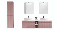 Ensemble ICON : meubles sous vasque 180cm avec niches visibles + deux vasques à poser + miroirs + lampes LED + colonne